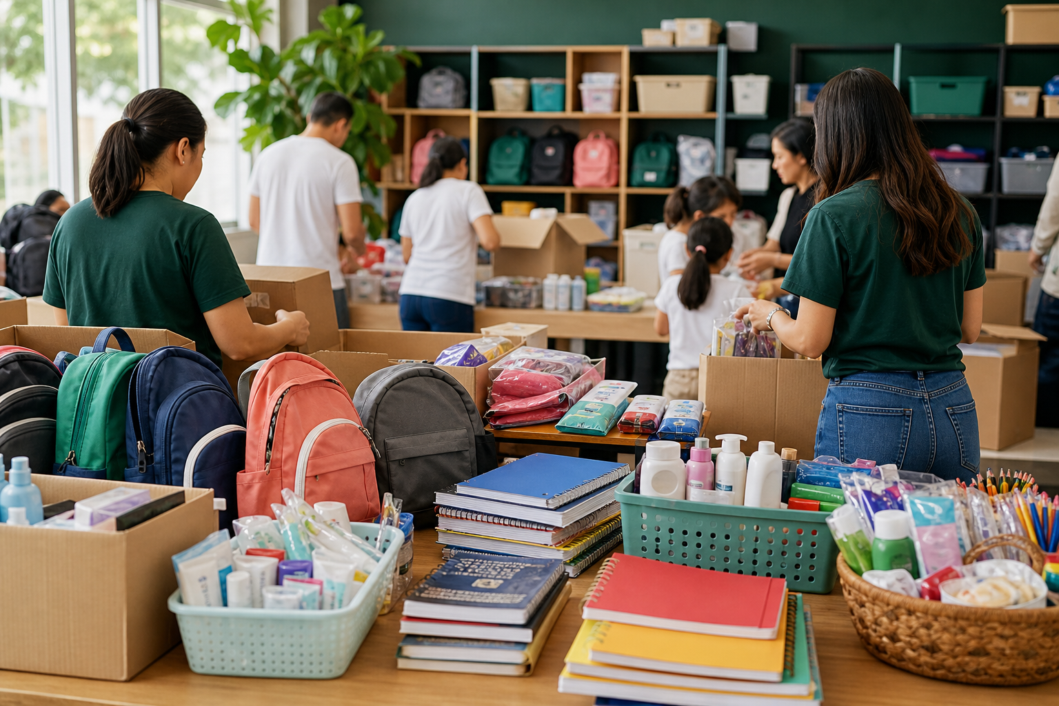 School and hygiene supplies packed for donation.