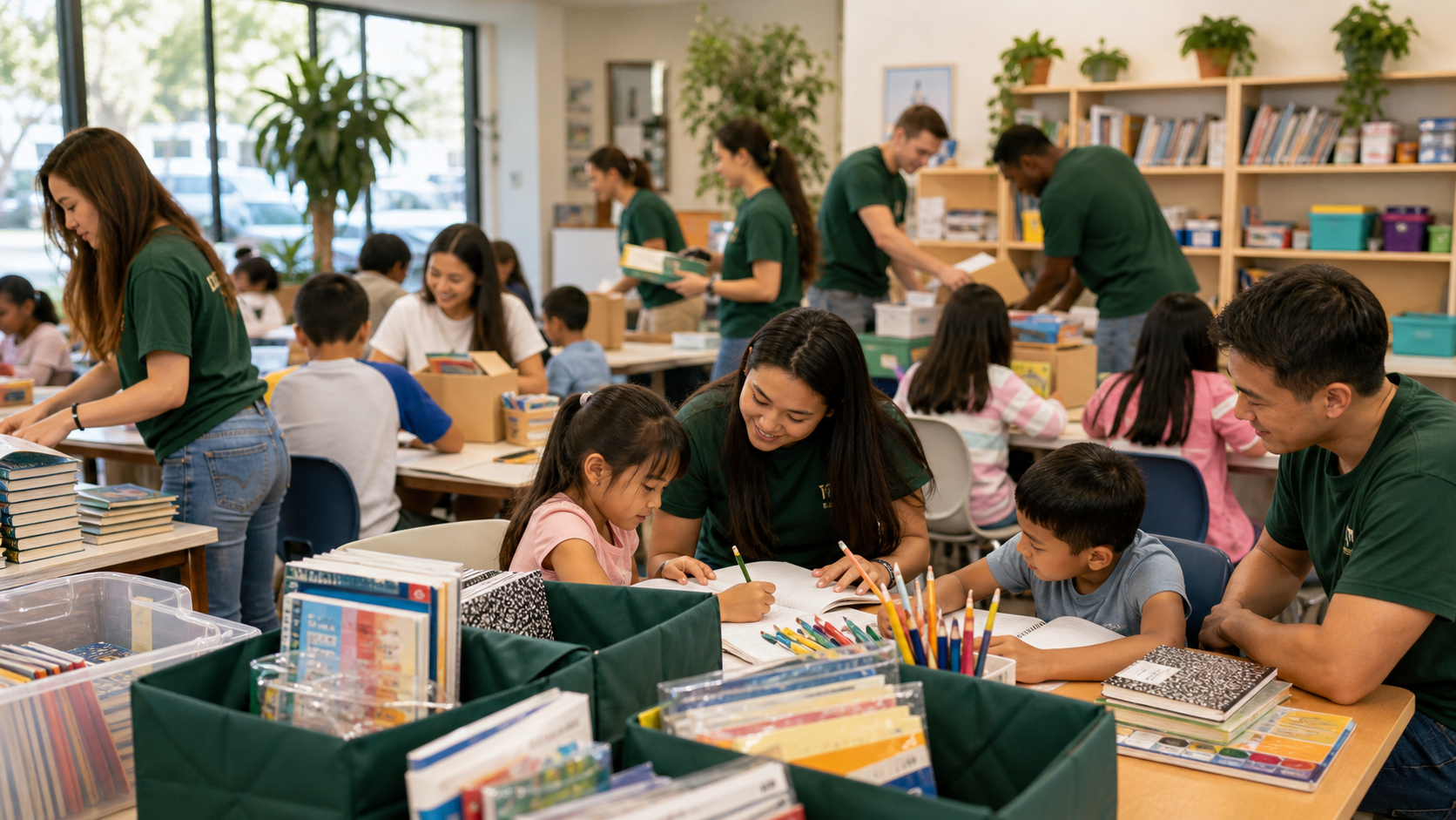 Volunteers tutoring children in a classroom.