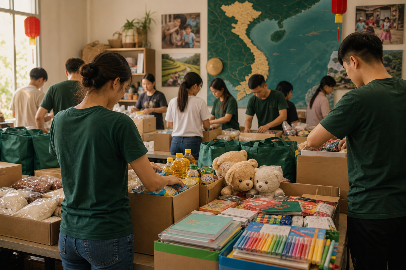 Volunteers packing care packages for Vietnam.